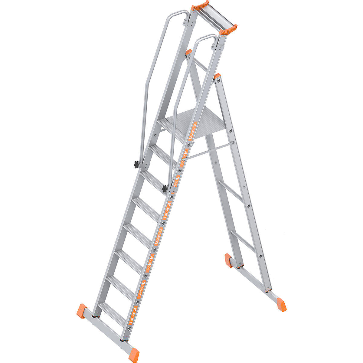 Aluminijasta lestev s ploščadjo – Layher, enostransko vzpenjanje, zložljiva, 8 stopnic