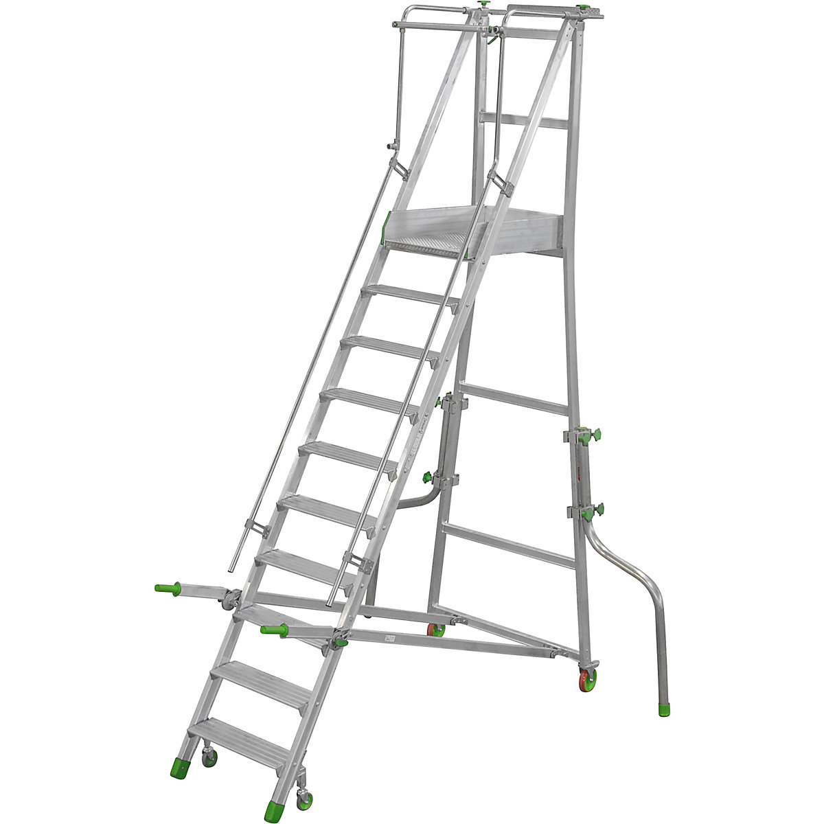 Pomične aluminijaste stopnice s ploščadjo, zložljiva izvedba, z narebrenimi aluminijastimi stopnicami, 10 stopnic, vključno s ploščadjo