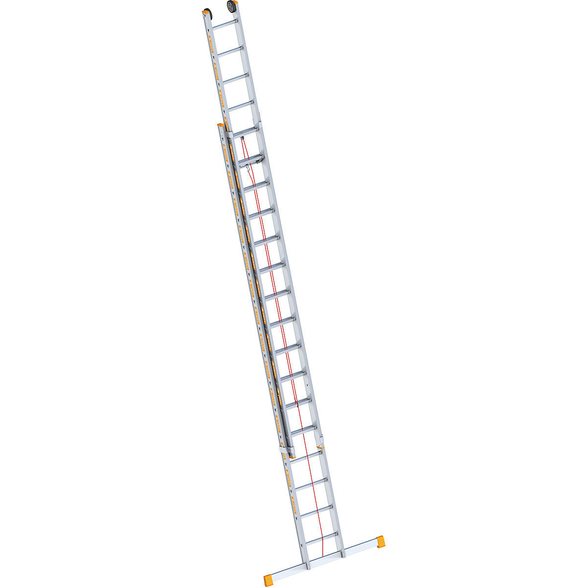 Aluminijasta lestev z vrvjo – Layher, 2-delna, izvlečna, s prečko, 2 x 16 klinov