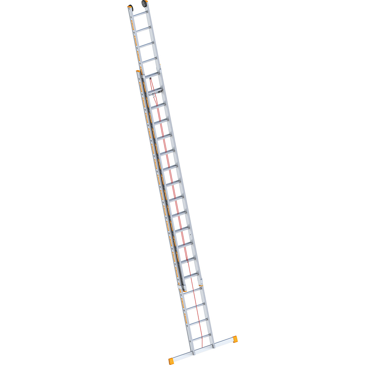 Aluminijasta lestev z vrvjo – Layher, 2-delna, izvlečna, s prečko, 2 x 18 klinov