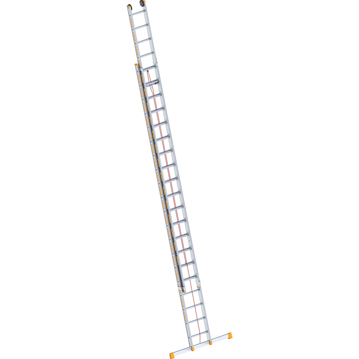 Aluminijasta lestev z vrvjo – Layher, 2-delna, izvlečna, s prečko, 2 x 20 klinov