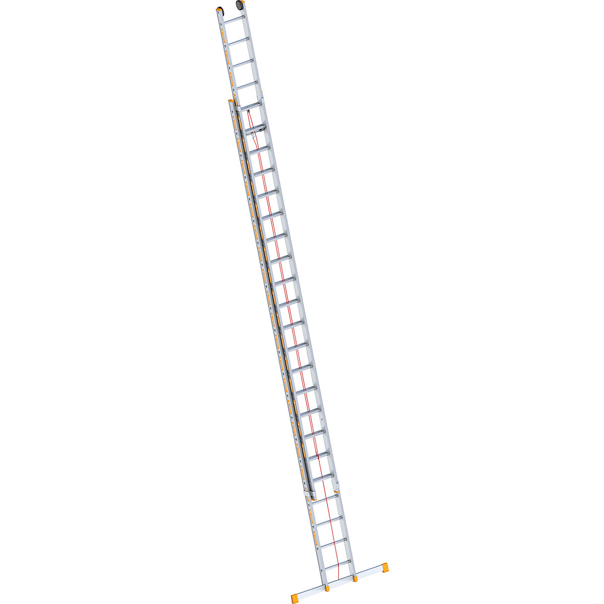 Aluminijasta lestev z vrvjo – Layher, 2-delna, izvlečna, s prečko, 2 x 22 klinov