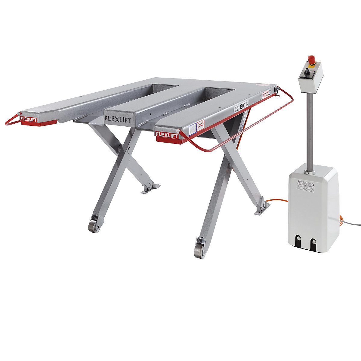 Low profile lift table, E series – Flexlift, max. load 1500 kg, LxW 1300 x 910 mm, 400 V 3-phase