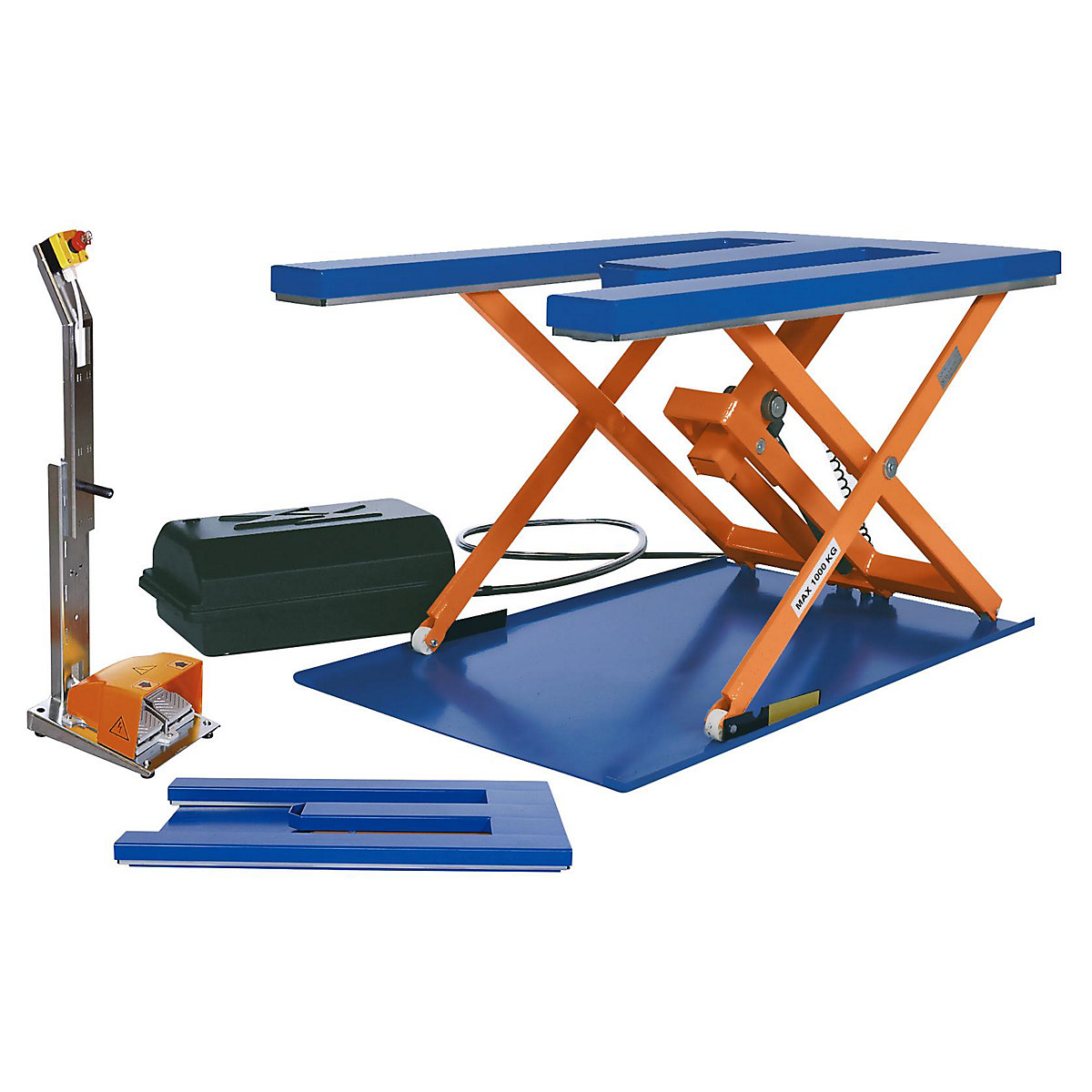 Low profile lift table – Edmolift, LxW 1450 x 900 mm, lifting range up to 800 mm, E-shaped platform, 400 V, with foot operated control unit