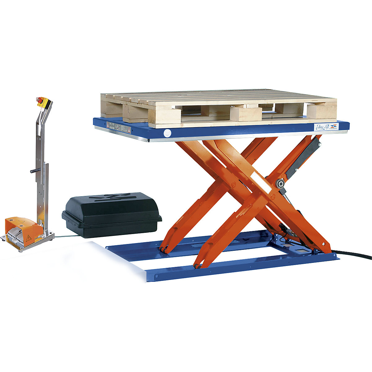 Low profile lift table – Edmolift, LxW 1500 x 1000 mm, lifting range up to 800 mm, closed platform, 400 V, with foot operated control unit