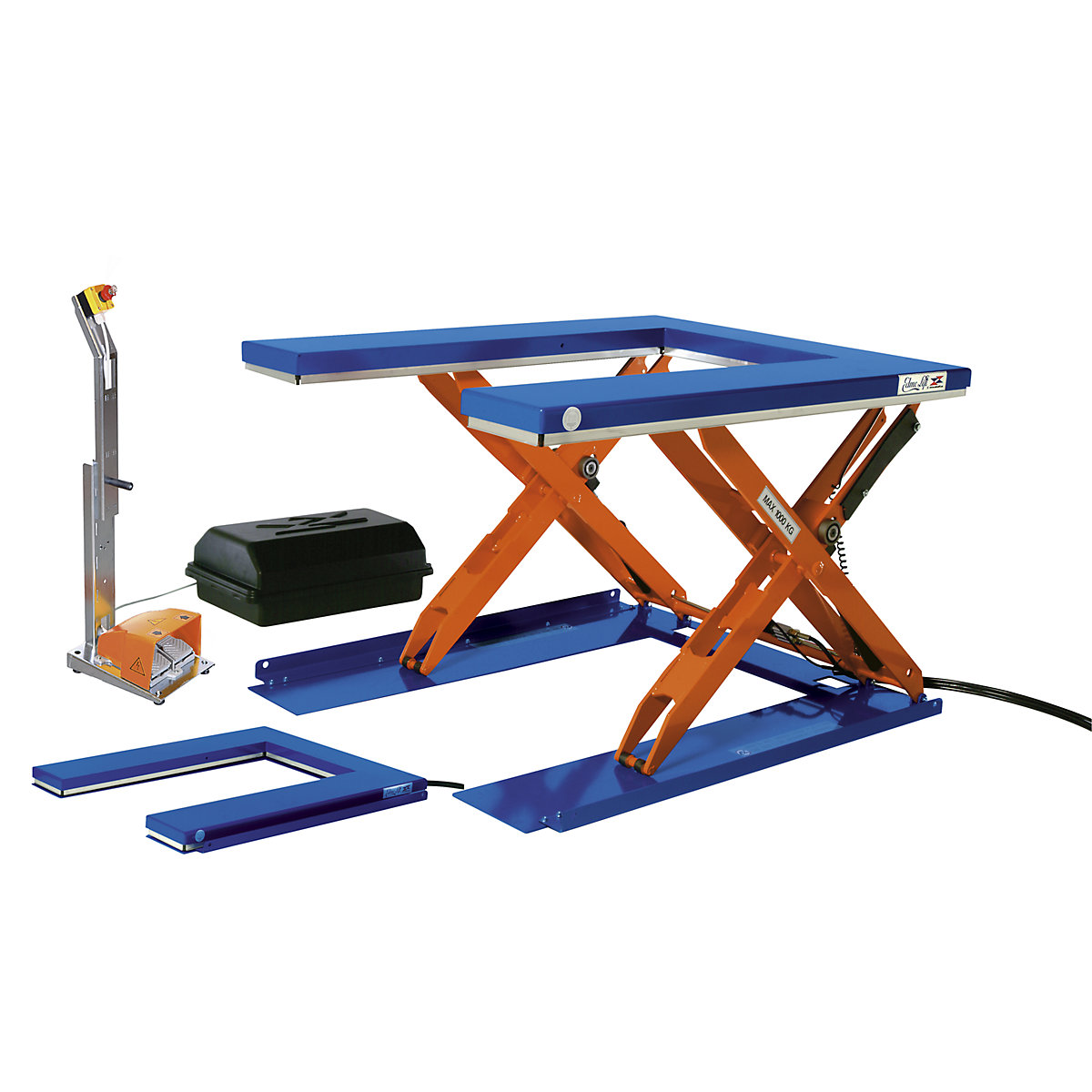 Low profile lift table – Edmolift, LxW 1350 x 1080 mm, lifting range up to 900 mm, U-shaped platform, 400 V, with foot operated control unit