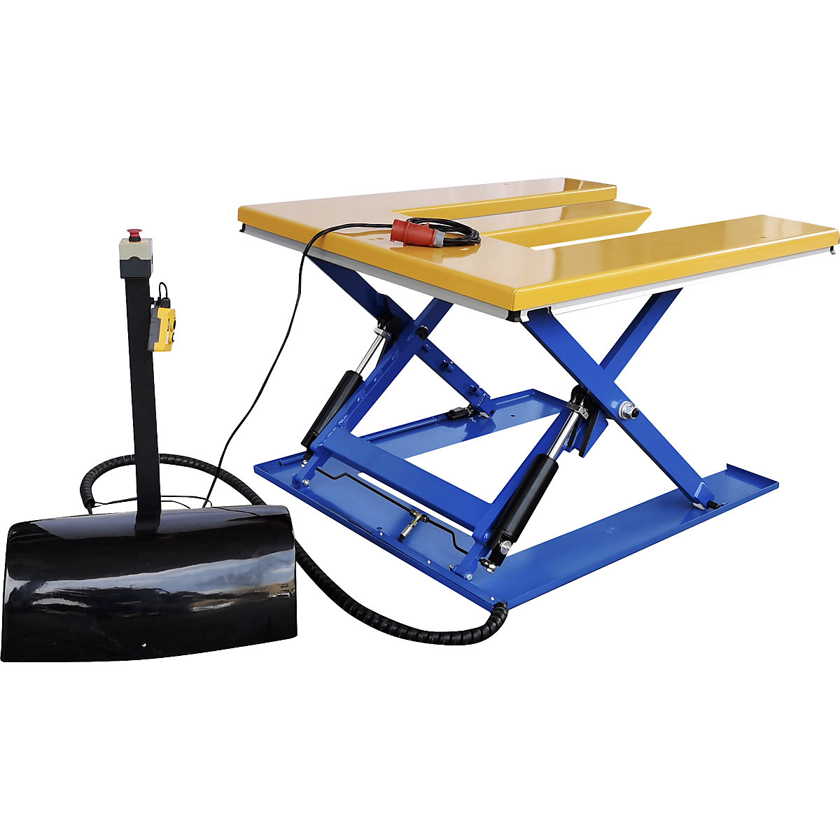 Low profile lift table – eurokraft basic, E shaped, max. load 1200 kg, hand operated control unit