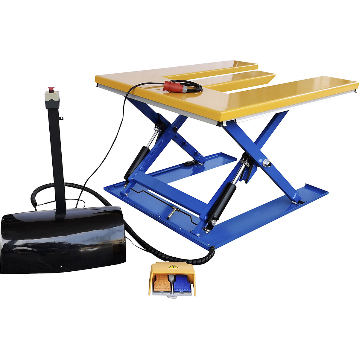 Low profile lift table – eurokraft basic, E shaped, max. load 1200 kg, foot operated control unit