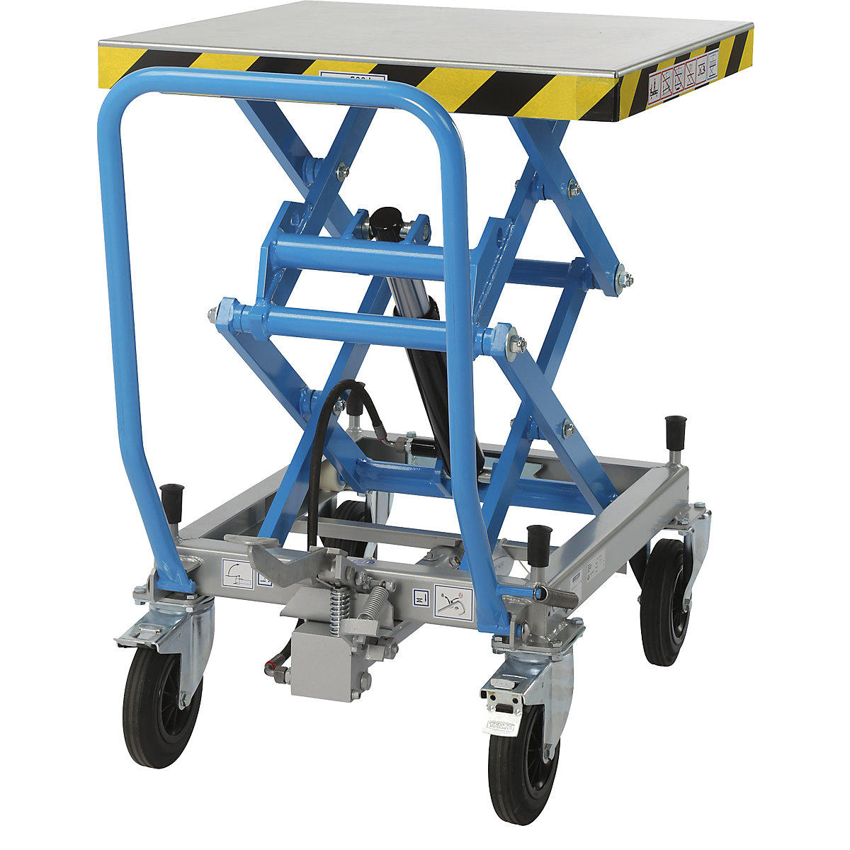 Double scissor lifting platform truck – eurokraft pro, max. load 500 kg, lifting range 460 – 1400 mm, solid rubber tyres