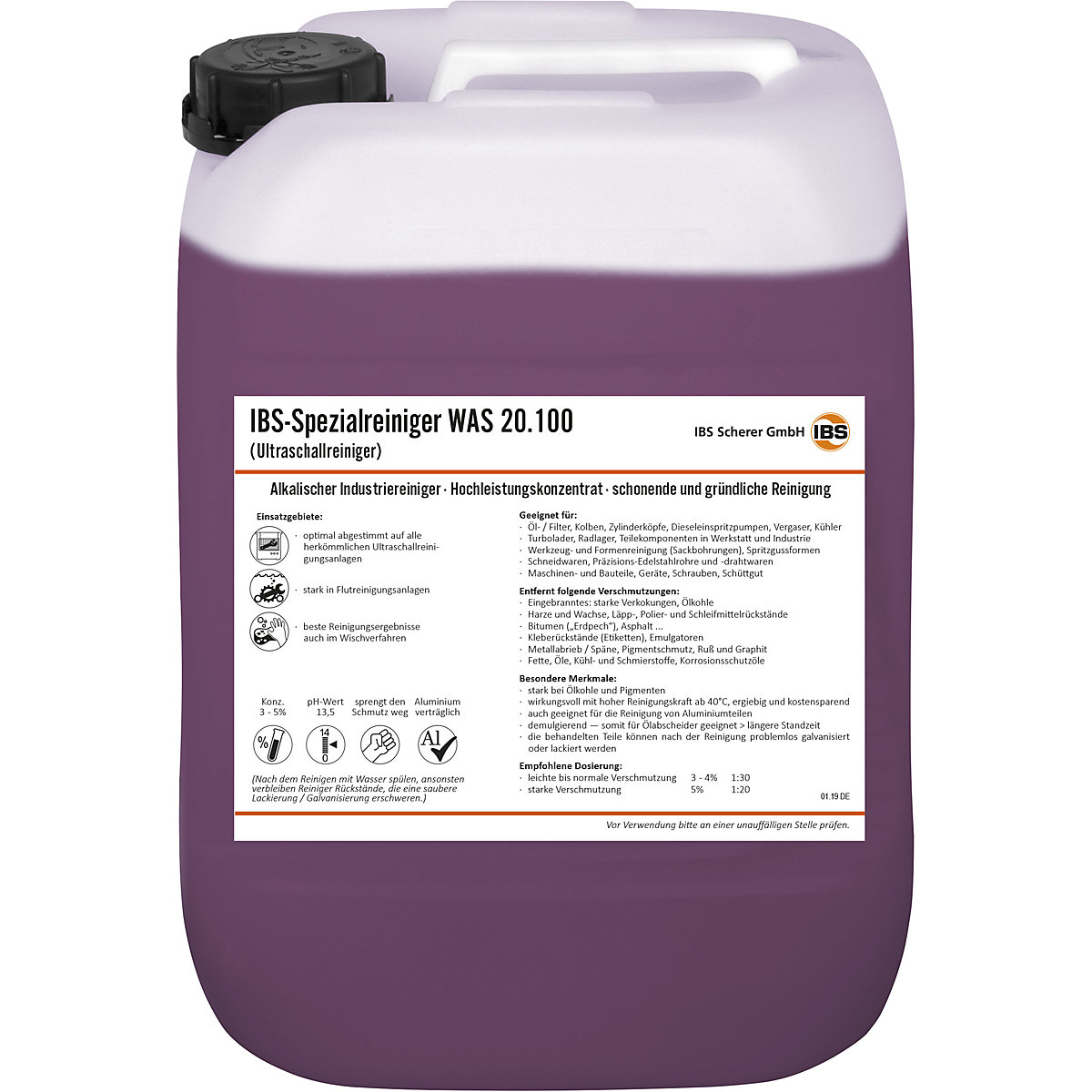 IBS Scherer – Detergente para limpeza ultrassónica WAS 20.100, valor pH 13,5, capacidade 20 l