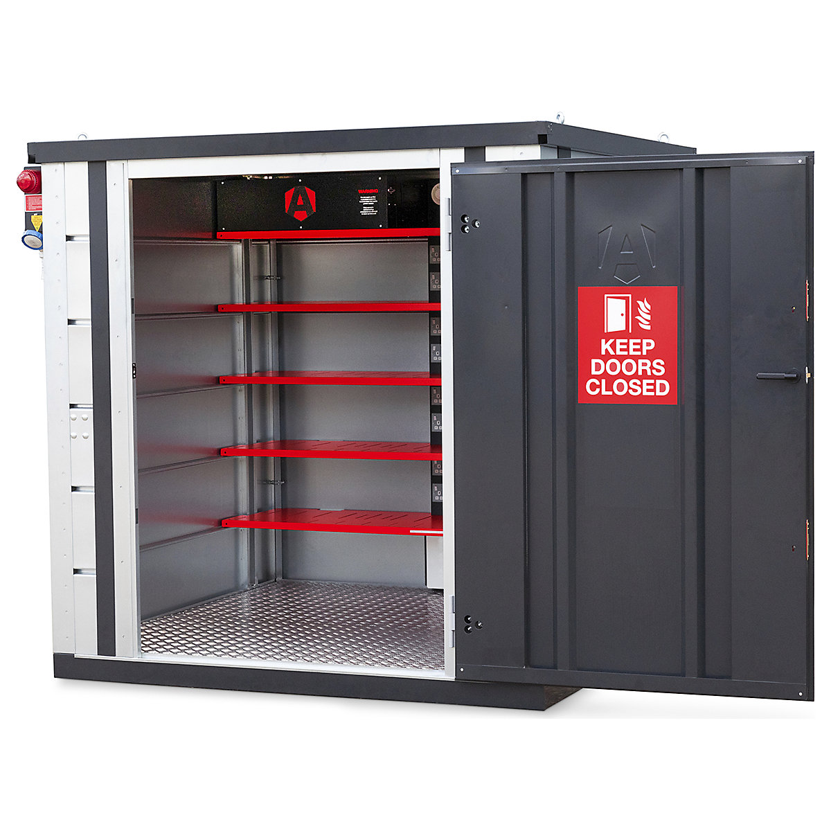 Armorgard PowerStor | Secure, Fire Safe Power Tool Battery Charging Station Unit | 32 x 32A/240V, Armorgard PowerStor | Secure, Fire Safe Power Tool Battery Charging Station Unit | 32 x 32A/240V, Armorgard PowerStor  Lithium Battery Charging and Storage Unit | 2067h x 2158w x 2207d mm | 32x 240V RCD Protected Double Gang Sockets-1