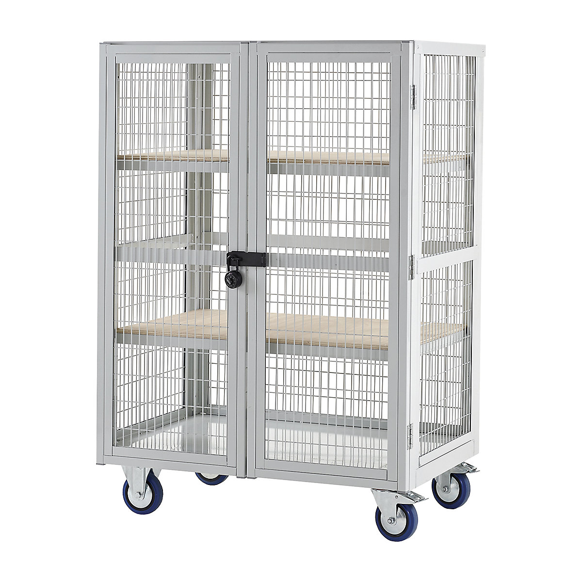 Mobile Mesh Cage Storage Trolleys, Mobile Mesh Cage Storage Trolleys, Mobile Mesh Cage Storage Trolley | 1655h x 900w x 600d mm | Light Grey  | 2 Plywood Shelves | With Doors-2
