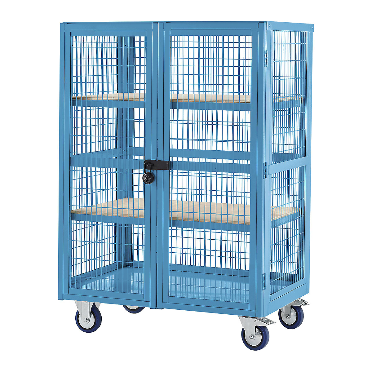 Mobile Mesh Cage Storage Trolleys, Mobile Mesh Cage Storage Trolleys, Mobile Mesh Cage Storage Trolley | 1655h x 1200w x 600d mm | Light Blue | 2 Plywood Shelves | Without Doors-6