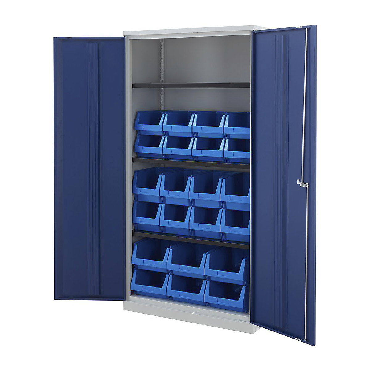 Tall Bisley Workplace Cupboards with Plastic Parts Bins