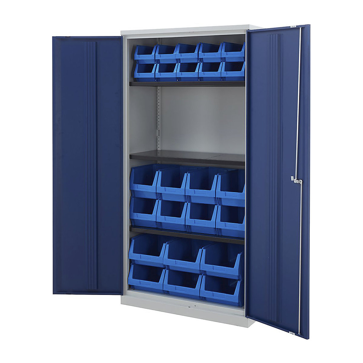 Tall Bisley Workplace Cupboards with Plastic Parts Bins