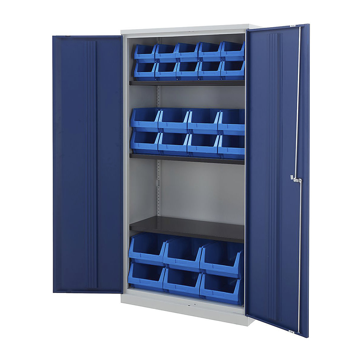 Tall Bisley Workplace Cupboards with Plastic Parts Bins