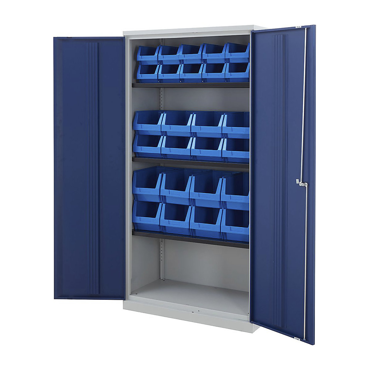 Tall Bisley Workplace Cupboards with Plastic Parts Bins
