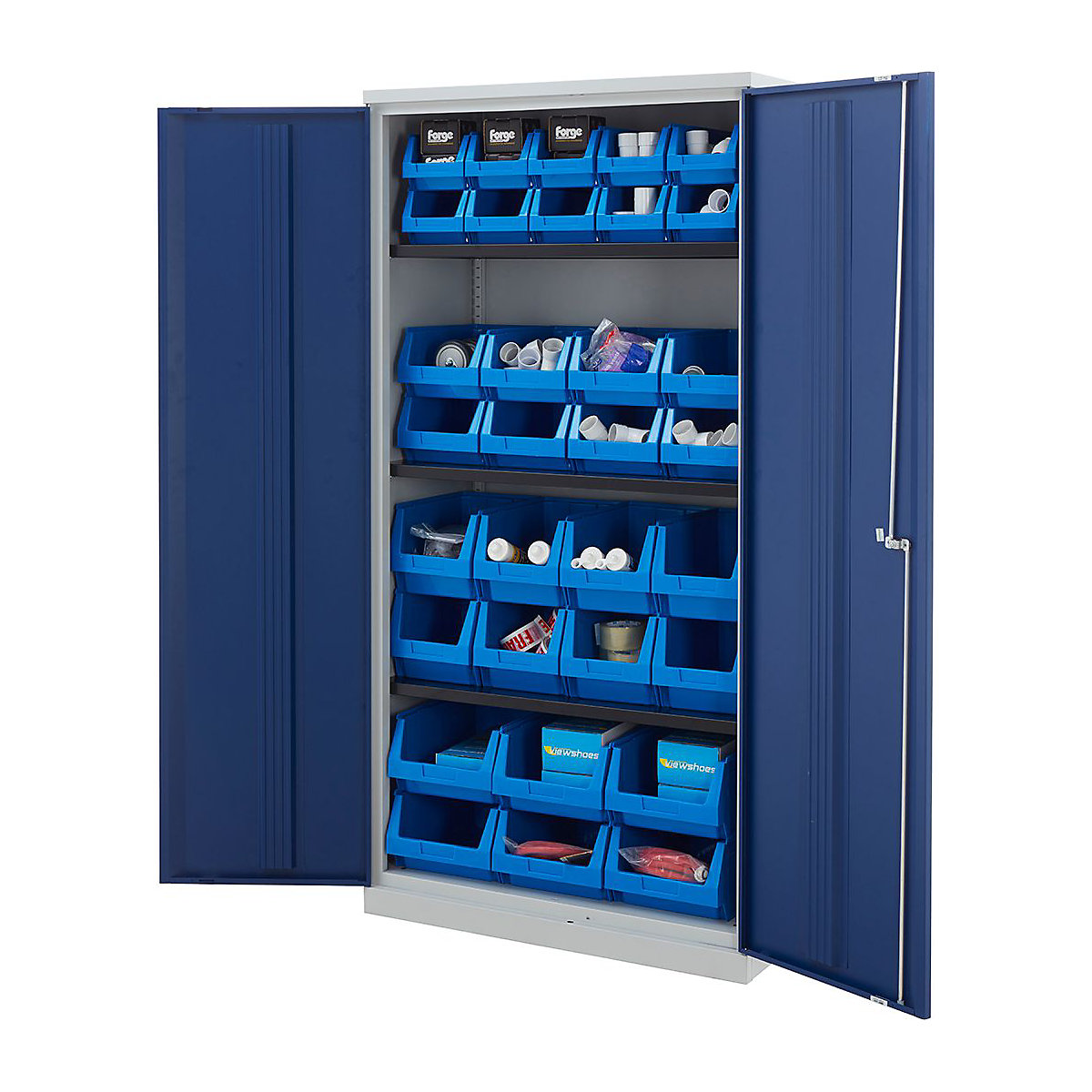 Tall Bisley Workplace Cupboards with Plastic Parts Bins