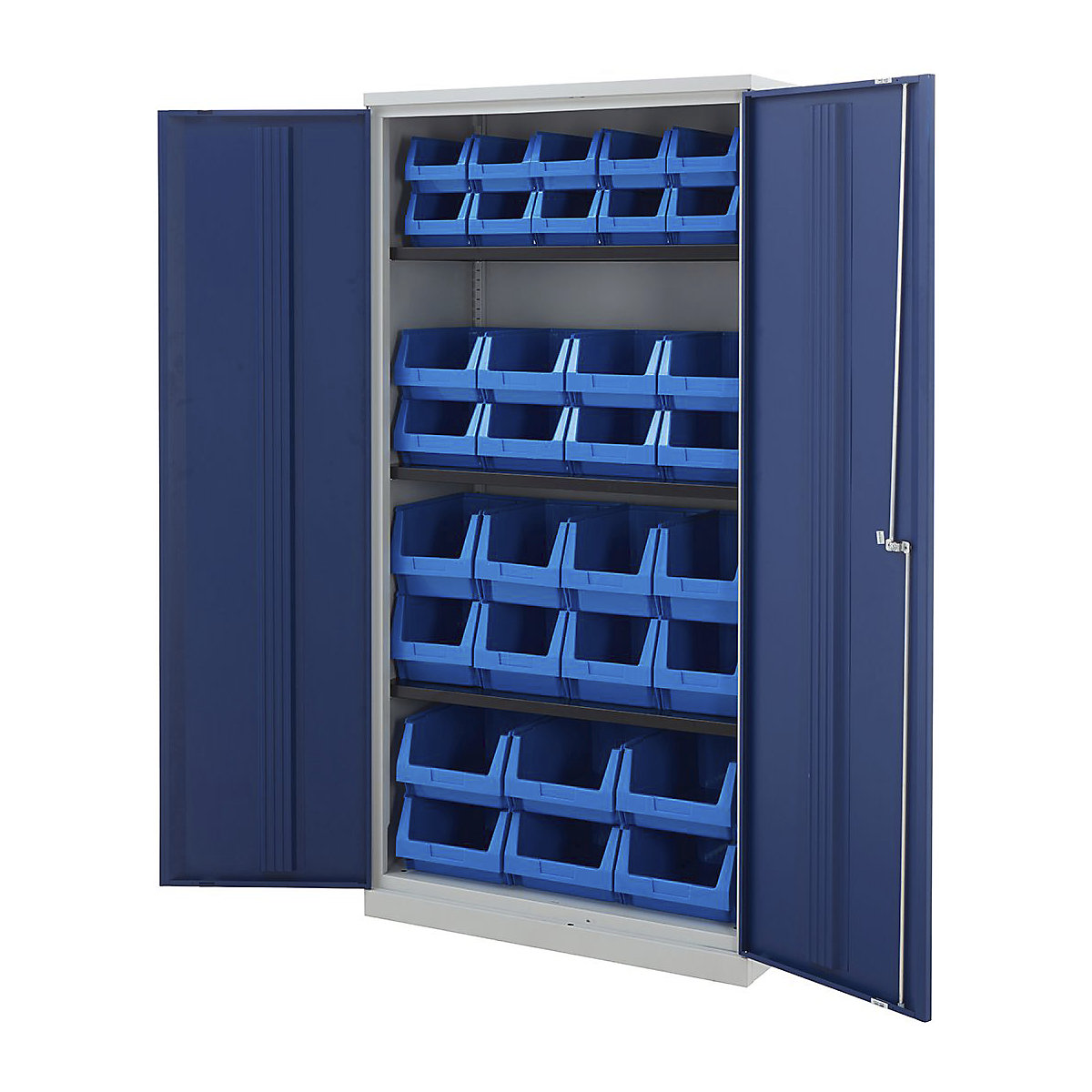 Tall Bisley Workplace Cupboards with Plastic Parts Bins