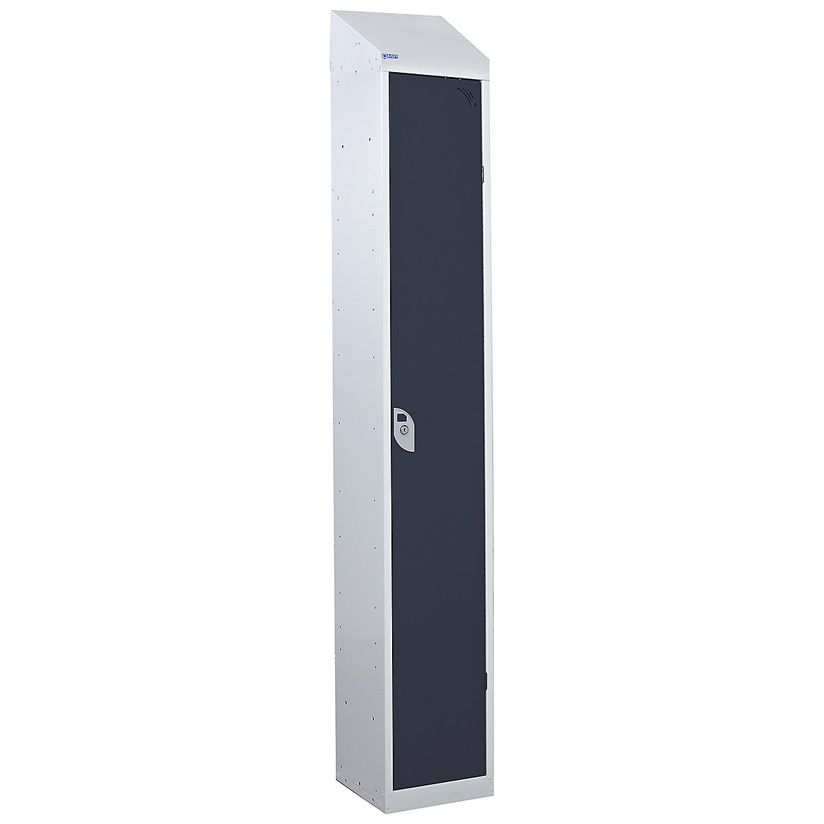 Mercian Single Door Metal Storage Lockers With Sloping Tops, Mercian Single Door Metal Storage Lockers With Sloping Tops, Mercian Single Door Metal Storage Locker With Sloping Top | 1950h x 300w x 300d mm | Dark Grey Door | Key Lock-1