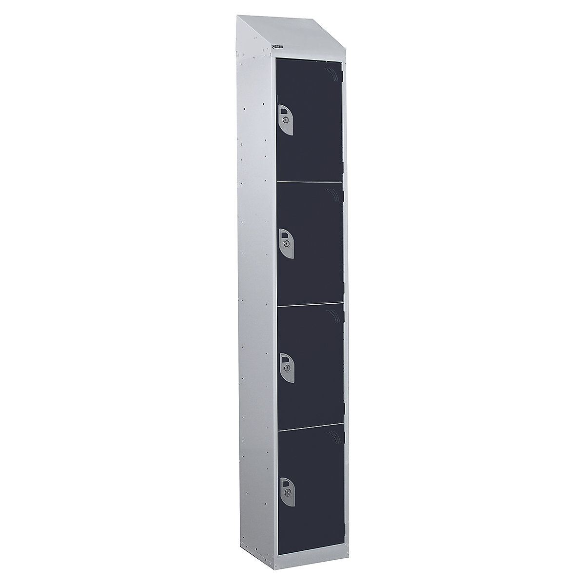 Mercian Sloping Top Four Door Metal Storage Lockers, Mercian Sloping Top Four Door Metal Storage Lockers, Mercian Four Door Metal Storage Locker With Sloping Top | 1950h x 450w x 450d mm | Dark Grey Door | Key Lock-2