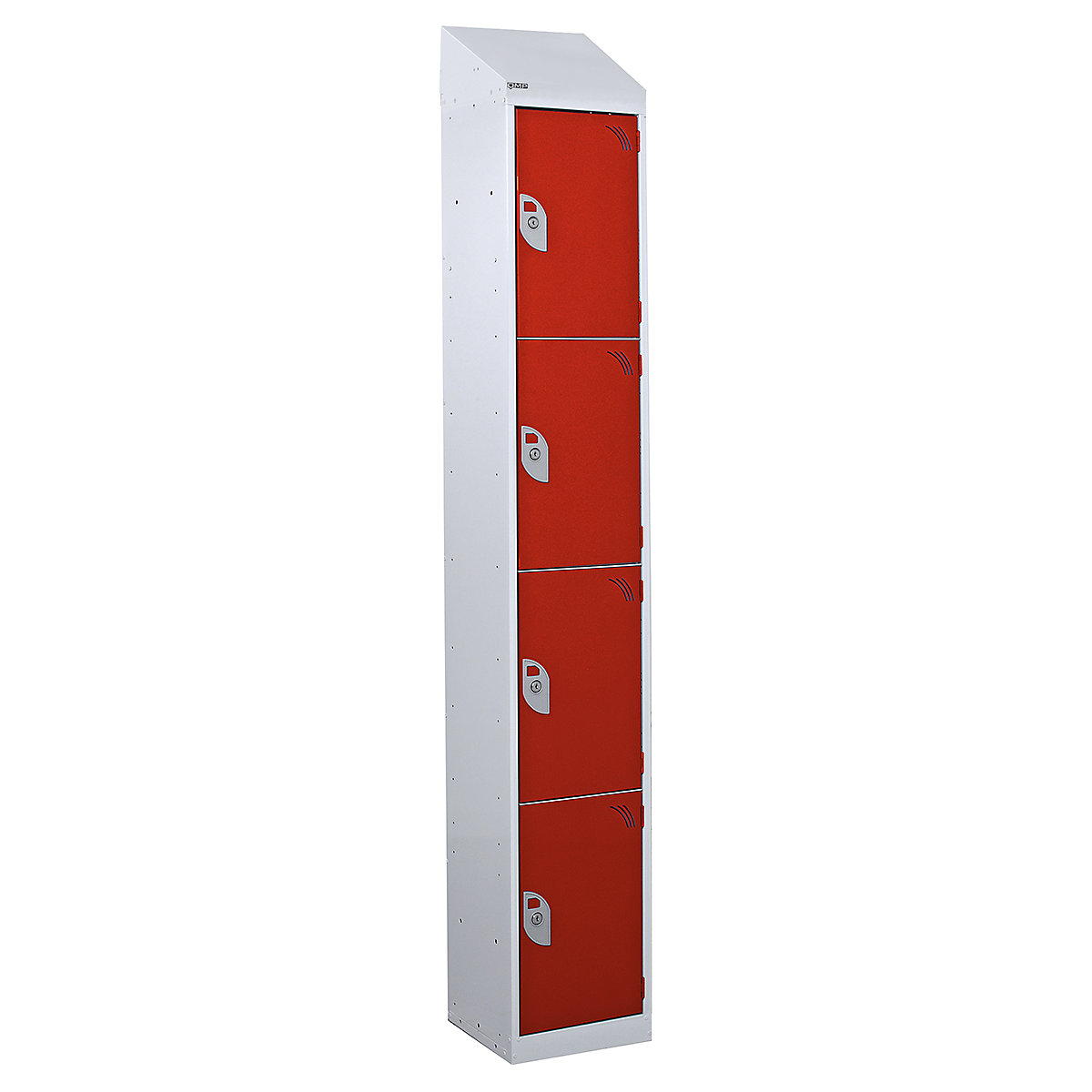 Mercian Sloping Top Four Door Metal Storage Lockers, Mercian Sloping Top Four Door Metal Storage Lockers, Mercian Four Door Metal Storage Locker With Sloping Top | 1950h x 300w x 450d mm | Red | Key Lock-6