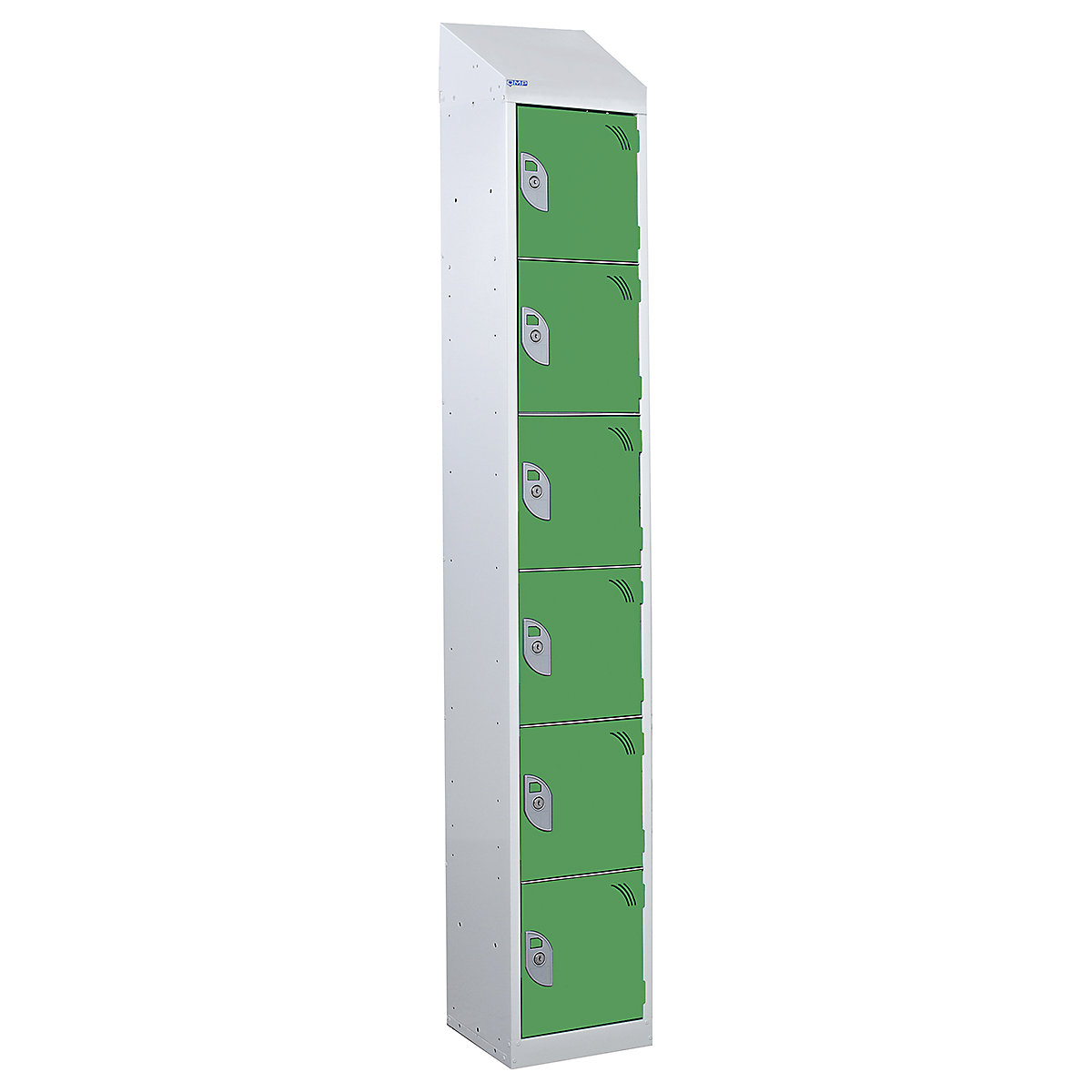 Mercian Sloping Top Six Door Metal Storage Lockers, Mercian Sloping Top Six Door Metal Storage Lockers, Mercian Six Door Metal Storage Locker With Sloping Top | 1950h x 450w x 450d mm | Green Door | Key Lock-4
