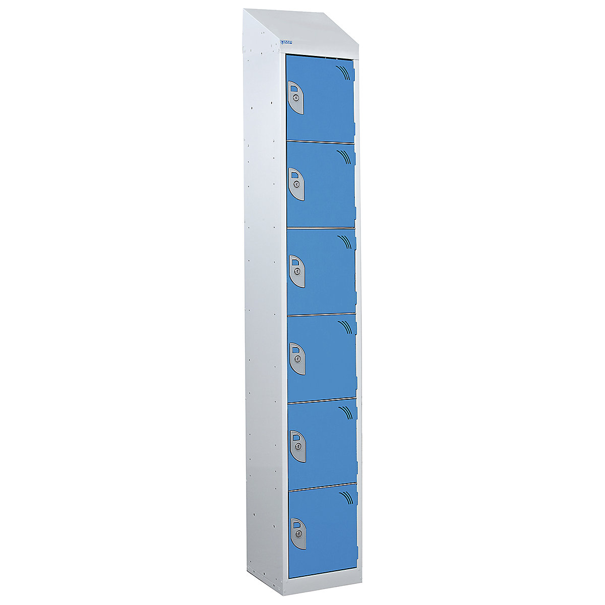 Mercian Sloping Top Six Door Metal Storage Lockers, Mercian Sloping Top Six Door Metal Storage Lockers, Mercian Six Door Metal Storage Locker With Sloping Top | 1950h x 380w x 380d mm | Light Blue Door | Key Lock-5