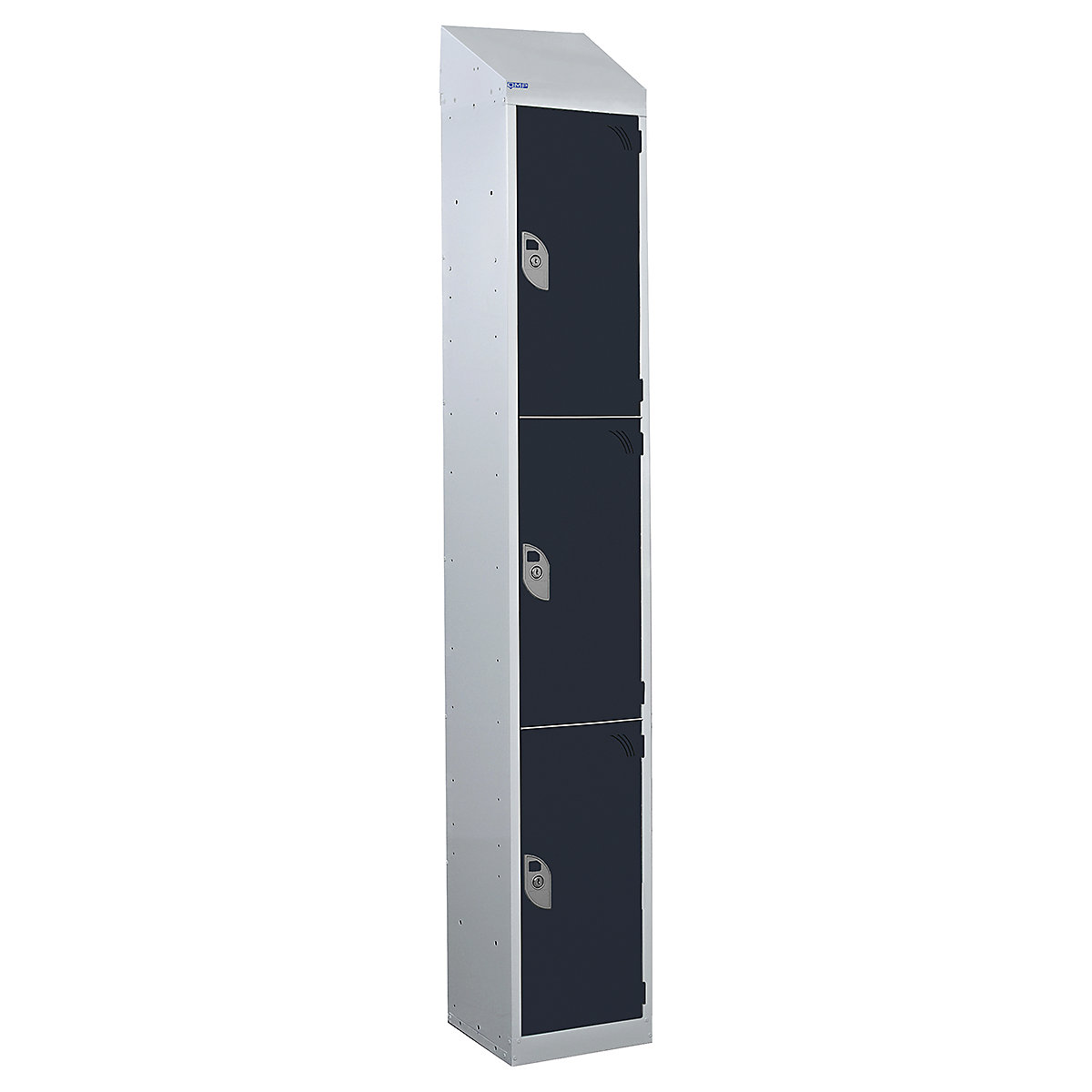 Mercian Sloping Top Three Door Metal Storage Lockers, Mercian Sloping Top Three Door Metal Storage Lockers, Mercian Three Door Metal Storage Locker With Sloping Top | 1950h x 450w x 450d mm | Dark Grey Door | Key Lock-2
