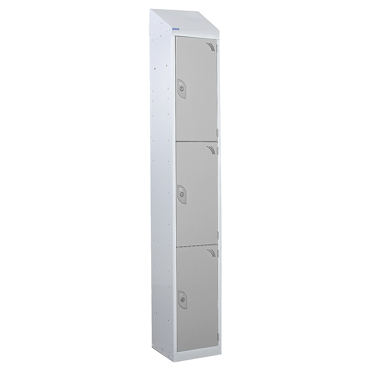 Mercian Sloping Top Three Door Metal Storage Lockers, Mercian Sloping Top Three Door Metal Storage Lockers, Mercian Three Door Metal Storage Locker With Sloping Top | 1950h x 300w x 450d mm | Grey | Key Lock-3