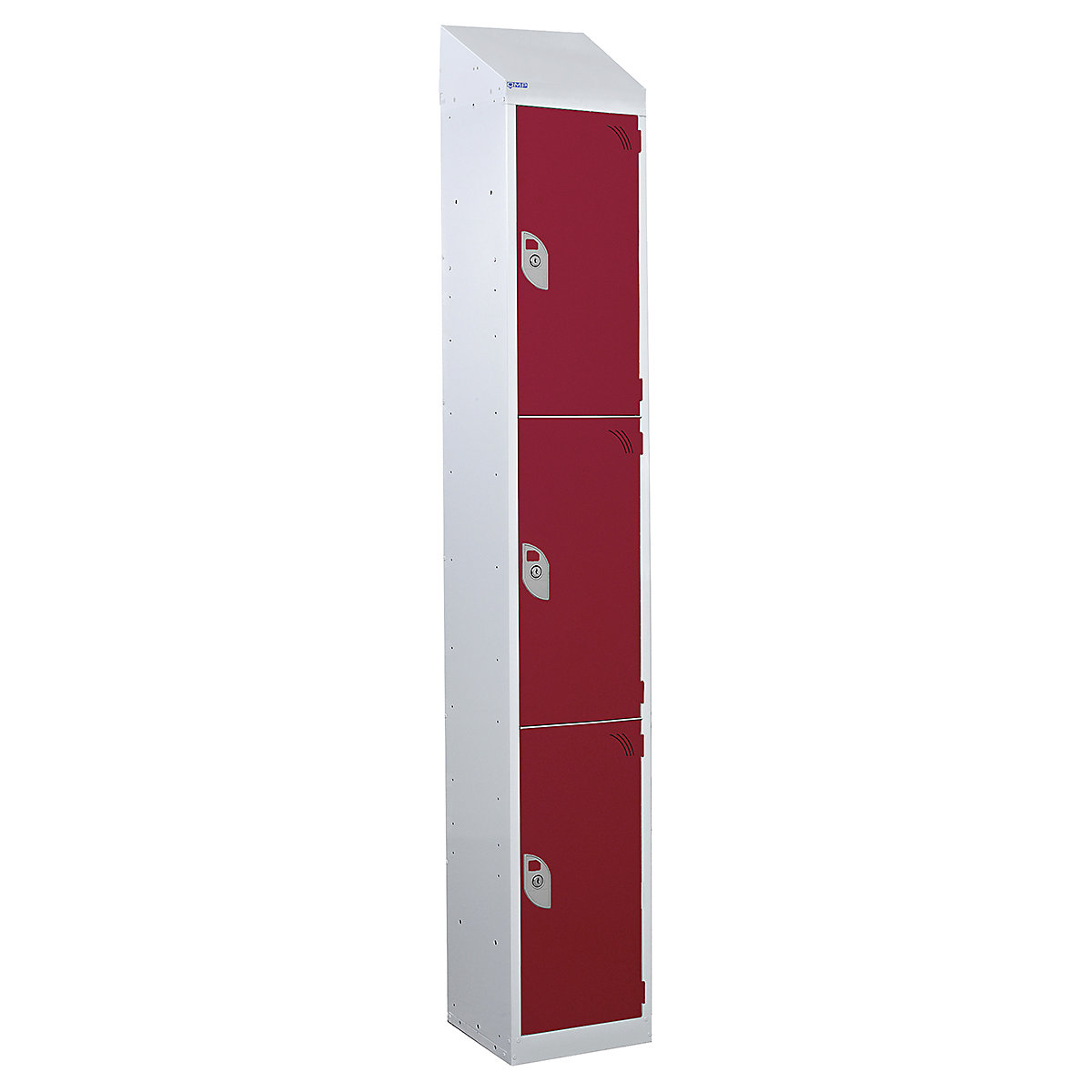 Mercian Sloping Top Three Door Metal Storage Lockers, Mercian Sloping Top Three Door Metal Storage Lockers, Mercian Three Door Metal Storage Locker With Sloping Top | 1950h x 300w x 300d mm | Red Door | Key Lock-5