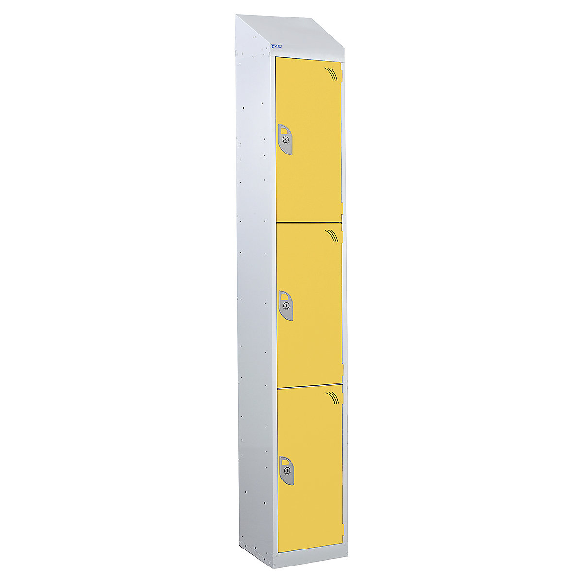 Mercian Sloping Top Three Door Metal Storage Lockers, Mercian Sloping Top Three Door Metal Storage Lockers, Mercian Three Door Metal Storage Locker With Sloping Top | 1950h x 450w x 450d mm | Yellow Door | Key Lock-6