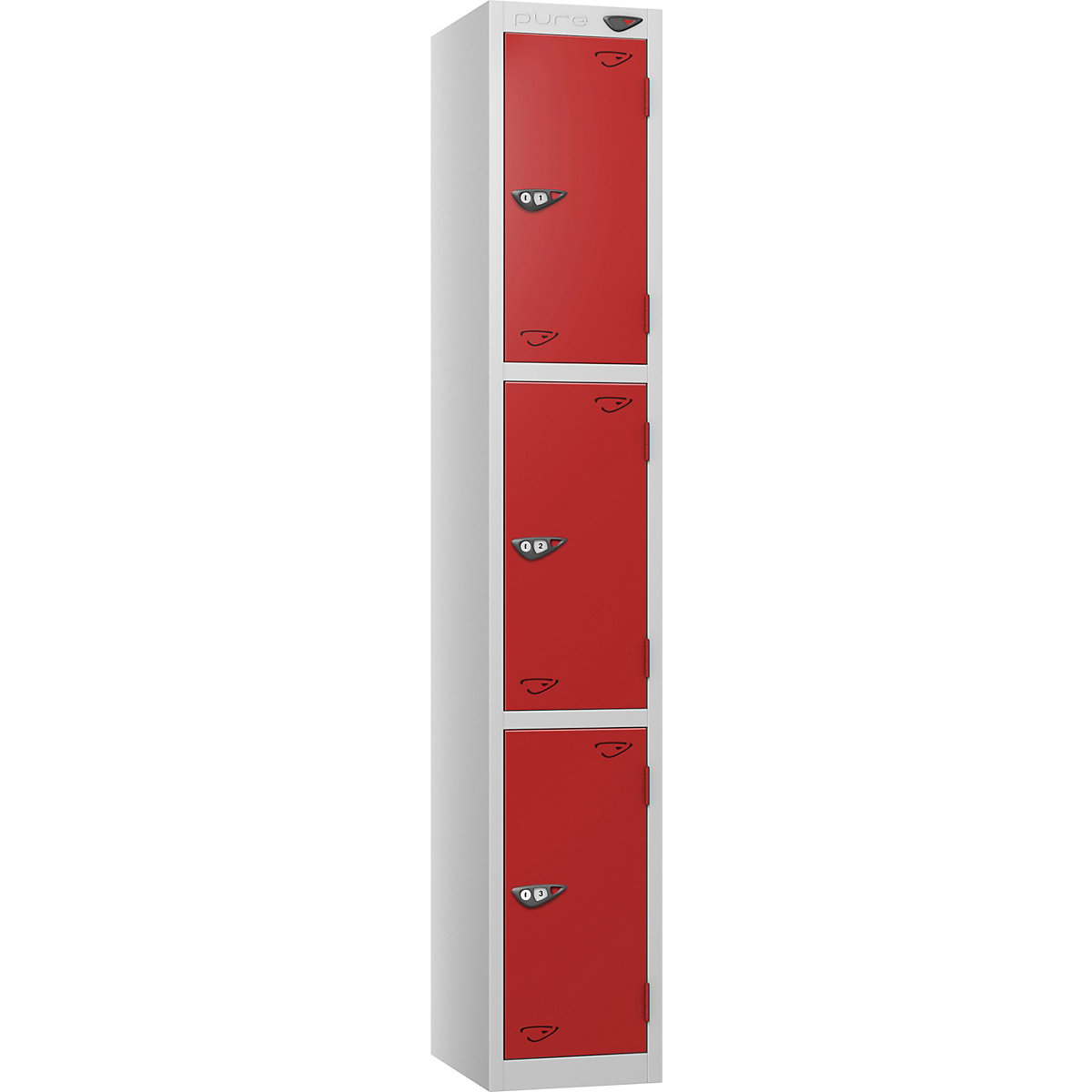 Pure Prime Metal Lockers | Pearl Silver Bioshell, Pure Prime Metal Lockers | Pearl Silver Bioshell, Pure Prime Metal Lockers | 1800h x 300w x 450d mm | 3 Door | Cam Lock | Pearl Silver Carcass | Flame Red Doors-8