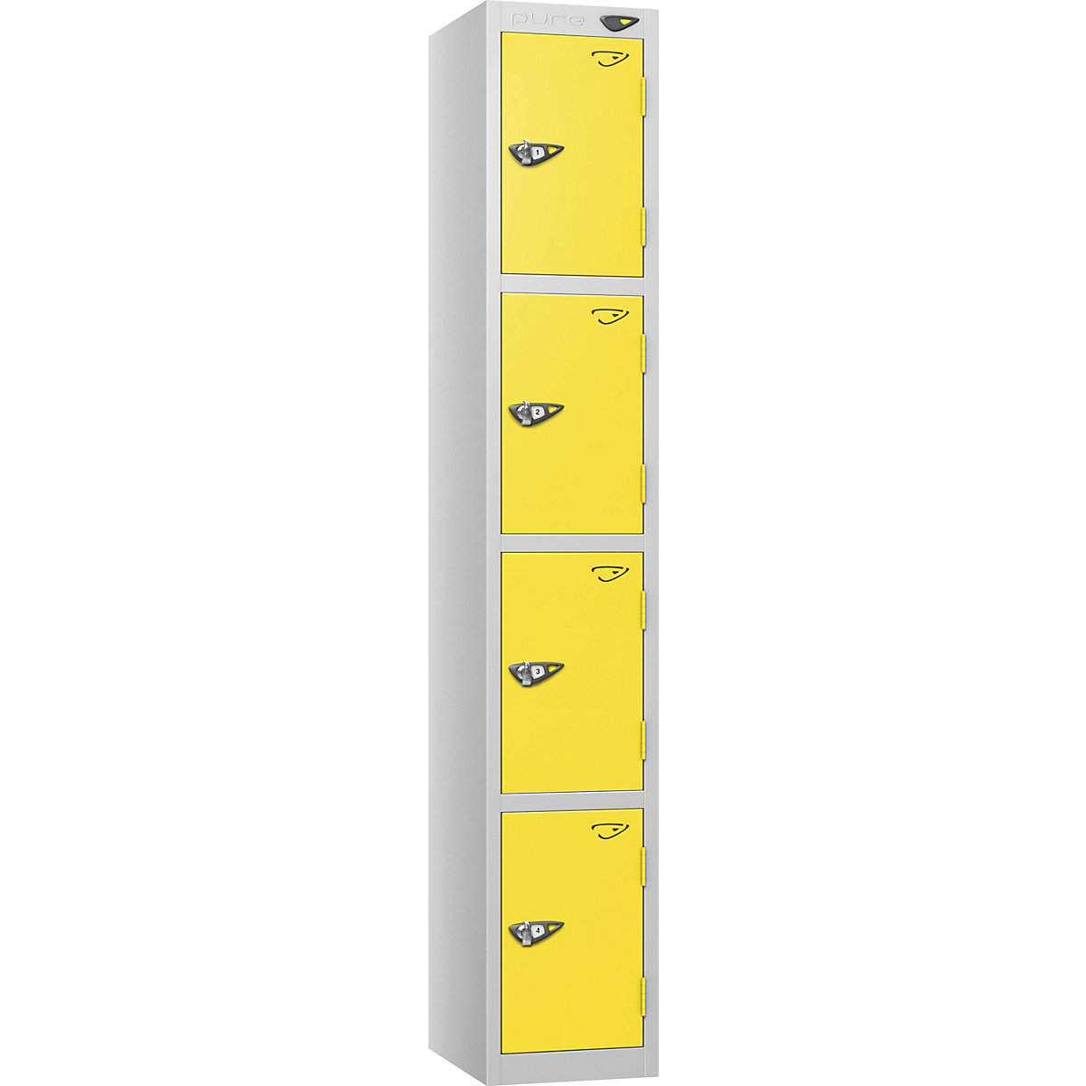 Pure Prime Metal Lockers | Pearl Silver Bioshell, Pure Prime Metal Lockers | Pearl Silver Bioshell, Pure Prime Metal Lockers | 1800h x 300w x 300d mm | 4 Door | Hasp & Staple | Pearl Silver Carcass | Lemon Yellow Doors-9