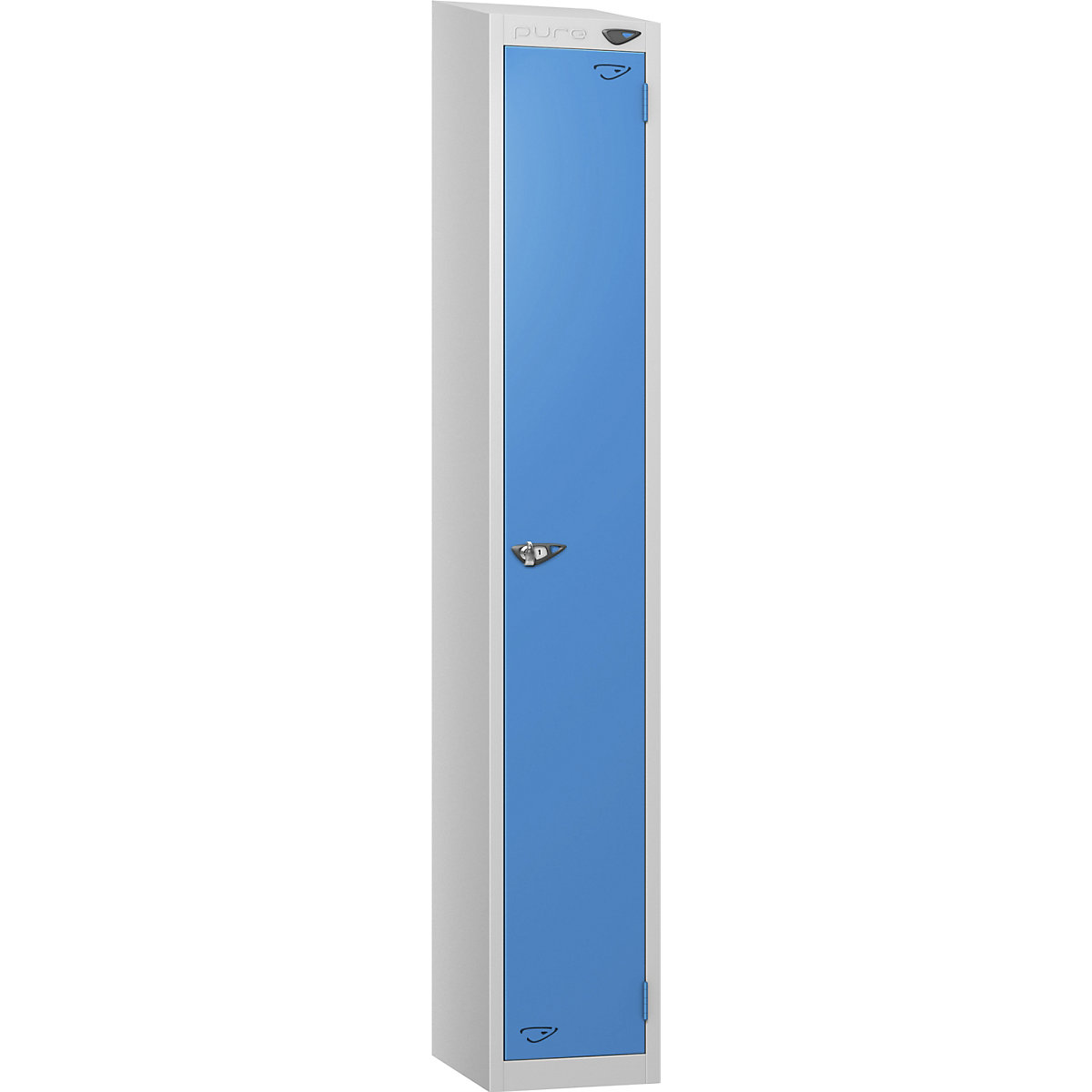Pure Prime Sloping Top Metal Lockers | Pearl Silver Bioshell | Carbon Zero Manufactured, Pure Prime Sloping Top Metal Lockers | Pearl Silver Bioshell | Carbon Zero Manufactured, Pure Prime Sloping Top Metal Lockers | 1950h x 450w x 450d mm | 1 Door | Hasp & Staple Lock | Pearl Silver Carcass | Cobalt Blue Door-9