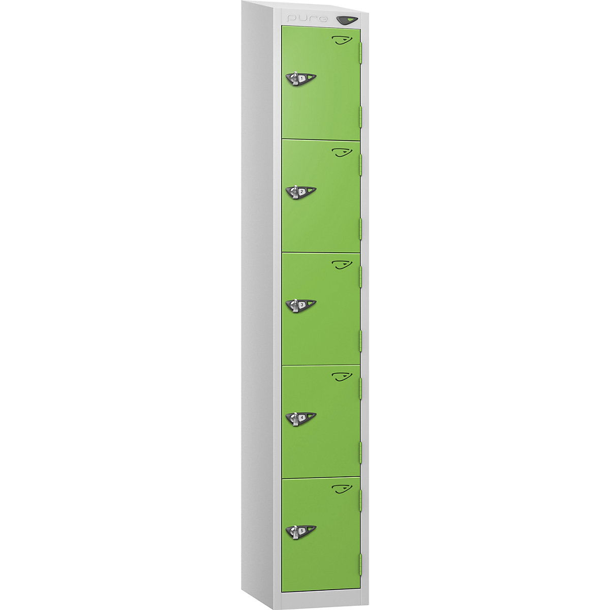 Pure Prime Sloping Top Metal Lockers | Pearl Silver Bioshell | Carbon Zero Manufactured, Pure Prime Sloping Top Metal Lockers | Pearl Silver Bioshell | Carbon Zero Manufactured, Pure Prime Sloping Top Metal Lockers | 1950h x 300w x 300d mm | 5 Door | Hasp & Staple Lock | Pearl Silver Carcass | Forest Green Doors-8