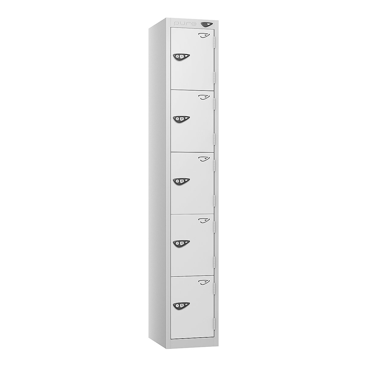 Pure Style Metal Lockers | Pearl Silver Bioshell | Carbon Zero Manufactured, Pure Style Metal Lockers | Pearl Silver Bioshell | Carbon Zero Manufactured, Pure Style Metal Lockers | 1800h x 300w x 450d mm | 5 Door | Cam Lock | Pearl Silver Carcass | Arctic White Doors-10