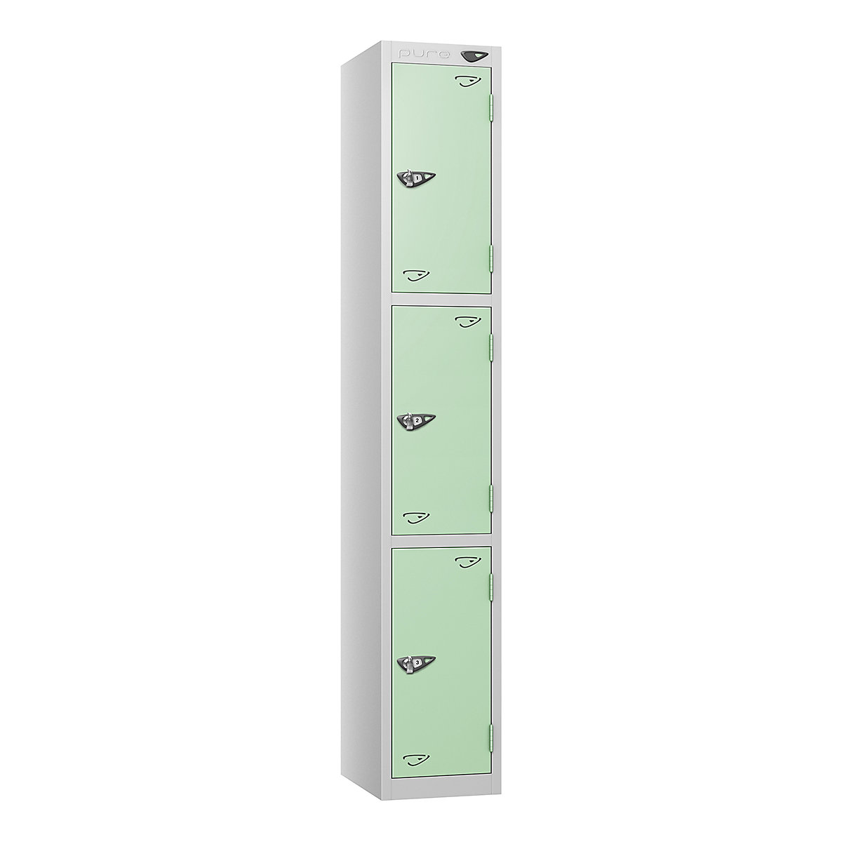 Pure Style Metal Lockers | Pearl Silver Bioshell, Pure Style Metal Lockers | Pearl Silver Bioshell, Pure Style Metal Lockers | 1800h x 300w x 450d mm | 3 Door | Hasp & Staple Lock | Pearl Silver Carcass | Mint Green Doors-7