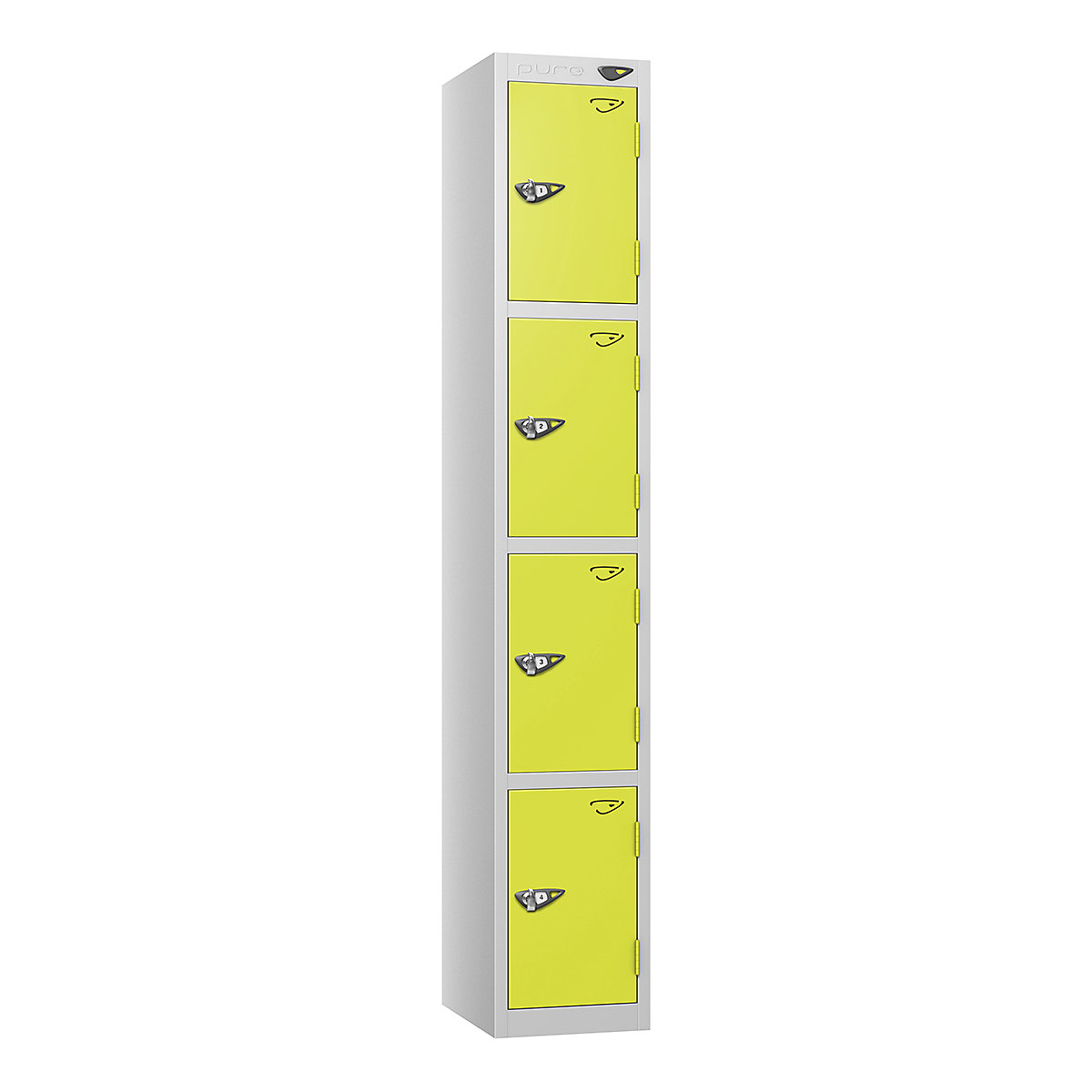 Pure Style Metal Lockers | Pearl Silver Bioshell, Pure Style Metal Lockers | Pearl Silver Bioshell, Pure Style Metal Lockers | 1800h x 300w x 300d mm | 4 Door | Hasp & Staple Lock | Pearl Silver Carcass | Lime Light Doors-8