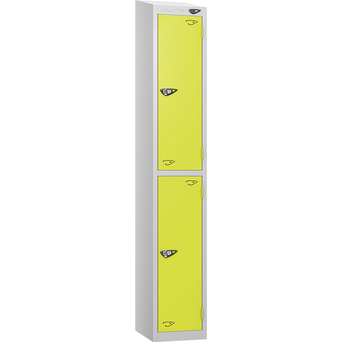 Pure Style Sloping Top Metal Lockers | Pearl Silver Bioshell | Carbon Zero Manufactured, Pure Style Sloping Top Metal Lockers | Pearl Silver Bioshell | Carbon Zero Manufactured, Pure Style Sloping Top Metal Lockers | 1950h x 300w x 300d mm | 2 Door | Hasp & Staple Lock | Pearl Silver Carcass | Lime Light Doors-12