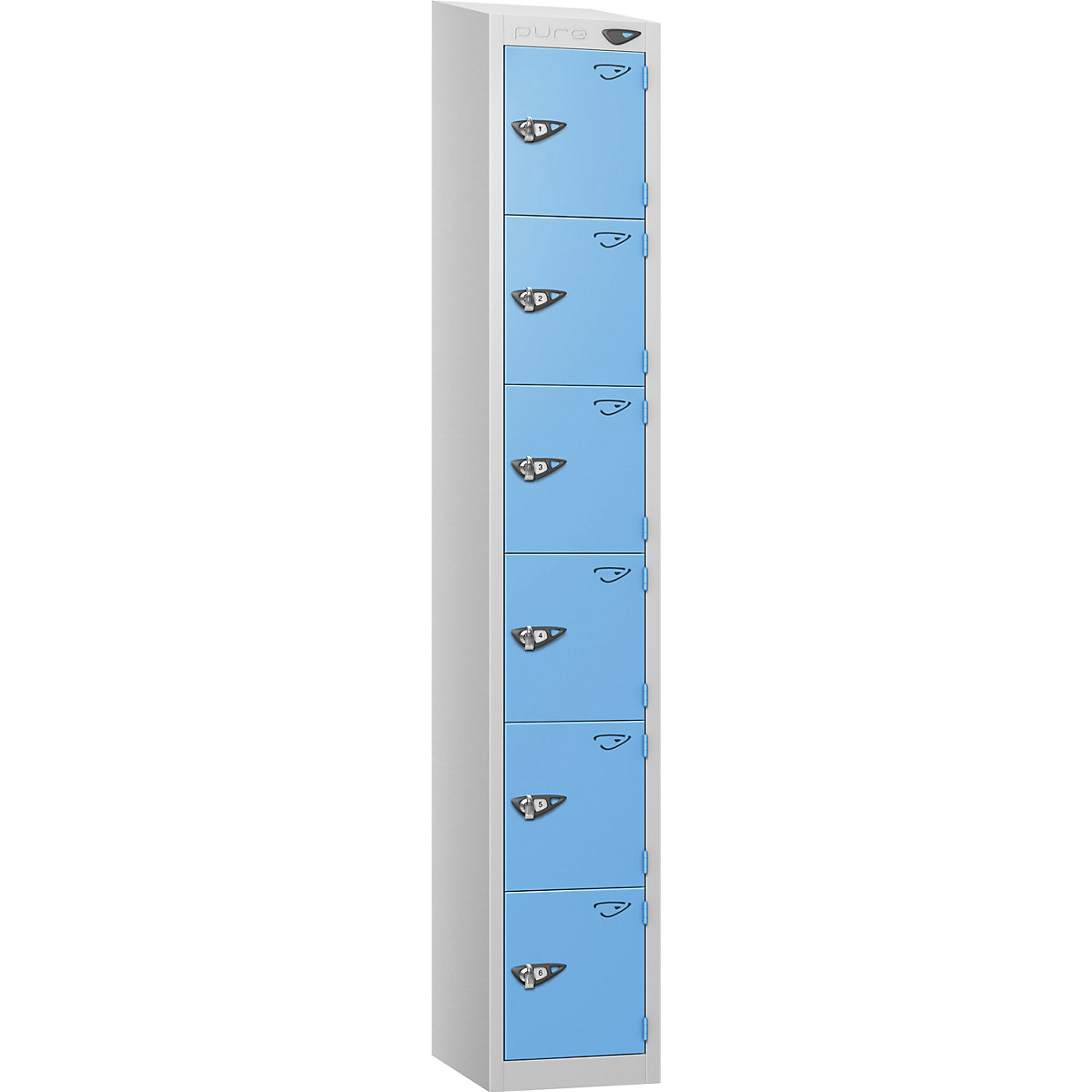 Pure Style Sloping Top Metal Lockers | Pearl Silver Bioshell, Pure Style Sloping Top Metal Lockers | Pearl Silver Bioshell, Pure Style Sloping Top Metal Lockers | 1950h x 450w x 450d mm | 6 Door | Hasp & Staple Lock | Pearl Silver Carcass | Cornflower Blue Doors-10