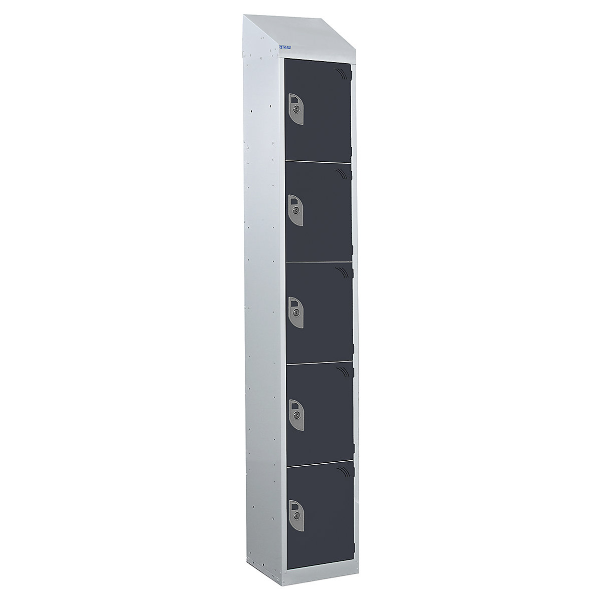 Sloping Top Five Door Lockers 300mm Wide x 300mm Deep, Sloping Top Five Door Lockers 300mm Wide x 300mm Deep, Mercian Five Door Metal Storage Locker With Sloping Top | 1950h x 300w x 450d mm | Dark Grey | Key Lock-3