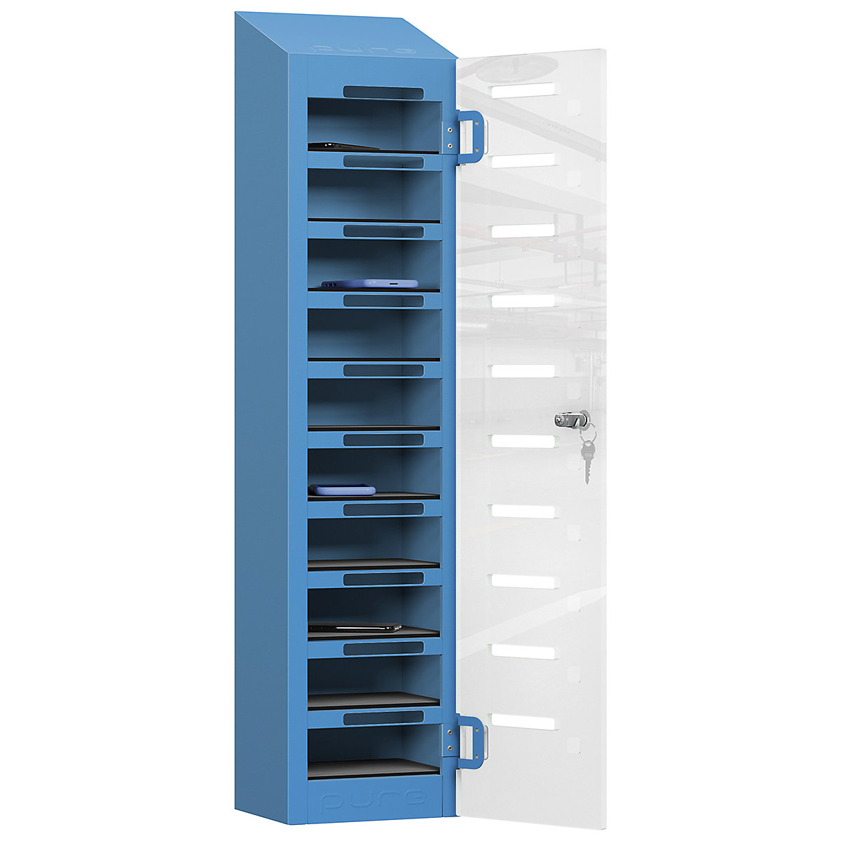 Pure PhoneSafe+ Mobile Phone Lockers, Pure PhoneSafe+ Mobile Phone Lockers, Pure PhoneSafe+ Mobile Phone Lockers | Single Door - Ten Compartment | Storage Only | 1060h x 250w x 190d mm | Cam Lock | Cobalt Blue-3