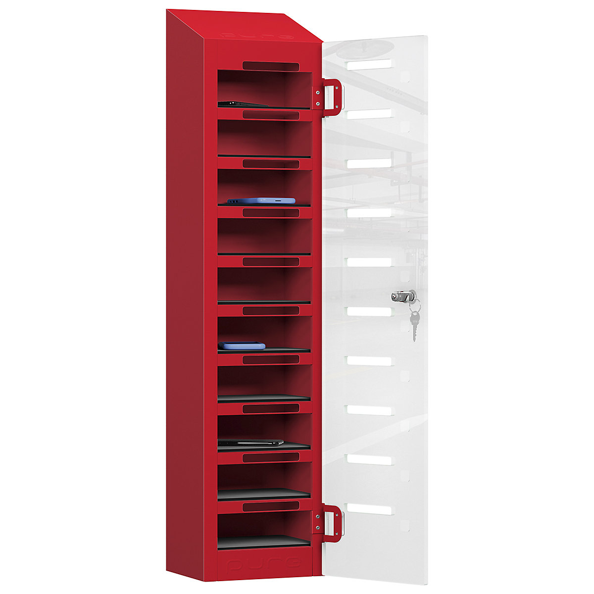 Pure PhoneSafe+ Mobile Phone Lockers, Pure PhoneSafe+ Mobile Phone Lockers, Pure PhoneSafe+ Mobile Phone Lockers | Single Door - Ten Compartment | Storage Only | 1060h x 250w x 190d mm | Cam Lock | Flame Red-4