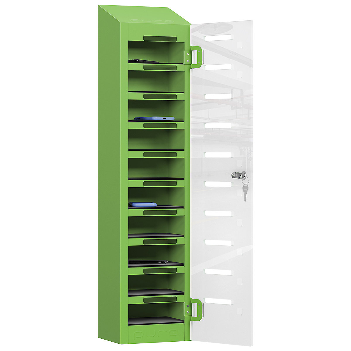 Pure PhoneSafe+ Mobile Phone Lockers, Pure PhoneSafe+ Mobile Phone Lockers, Pure PhoneSafe+ Mobile Phone Lockers | Single Door - Ten Compartment | Storage Only | 1060h x 250w x 190d mm | Cam Lock | Forest Green-10