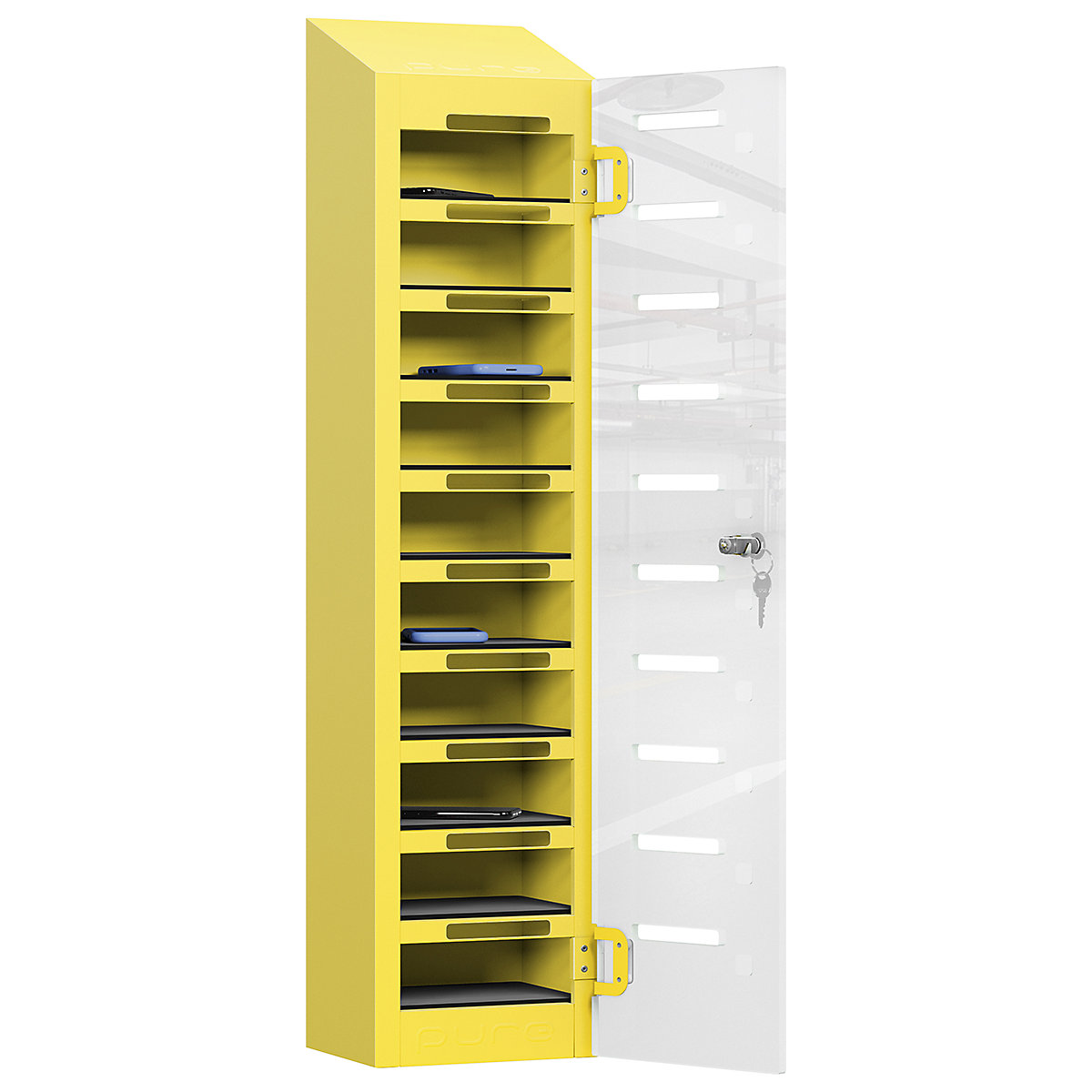 Pure PhoneSafe+ Mobile Phone Lockers, Pure PhoneSafe+ Mobile Phone Lockers, Pure PhoneSafe+ Mobile Phone Lockers | Single Door - Ten Compartment | Storage Only | 1060h x 250w x 190d mm | Cam Lock | Lemon Yellow-7
