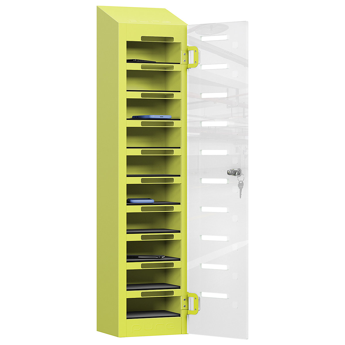 Pure PhoneSafe+ Mobile Phone Lockers, Pure PhoneSafe+ Mobile Phone Lockers, Pure PhoneSafe+ Mobile Phone Lockers | Single Door - Ten Compartment | Storage Only | 1060h x 250w x 190d mm | Cam Lock | Lime Light-12