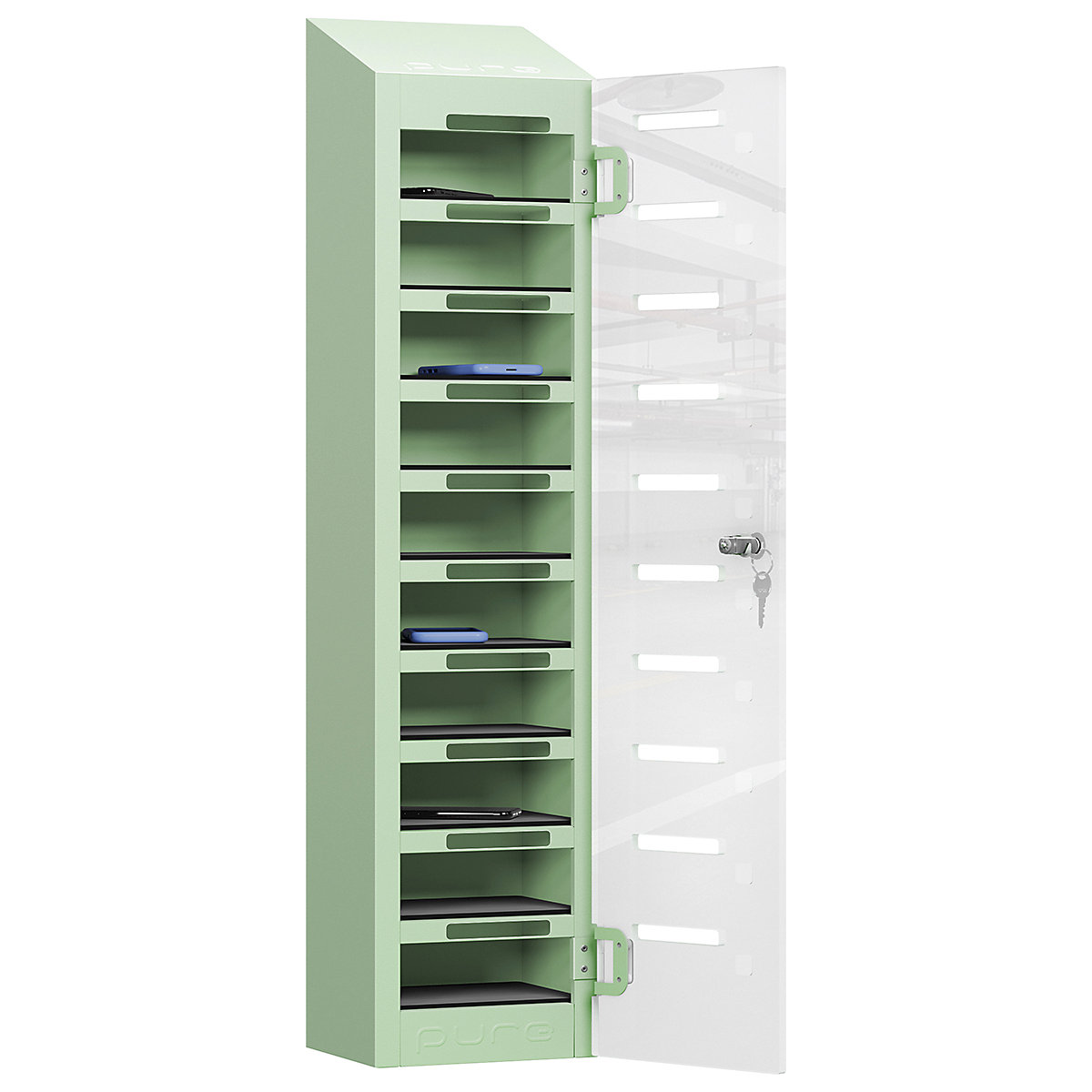 Pure PhoneSafe+ Mobile Phone Lockers, Pure PhoneSafe+ Mobile Phone Lockers, Pure PhoneSafe+ Mobile Phone Lockers | Single Door - Ten Compartment | Storage Only | 1060h x 250w x 190d mm | Cam Lock | Mint-9