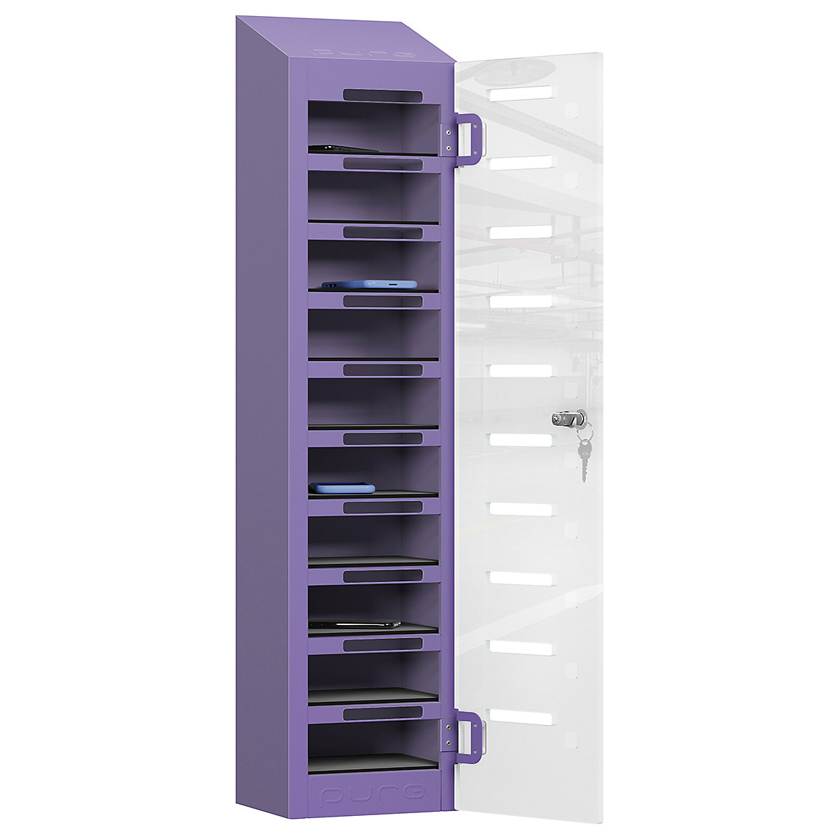 Pure PhoneSafe+ Mobile Phone Lockers, Pure PhoneSafe+ Mobile Phone Lockers, Pure PhoneSafe+ Mobile Phone Lockers | Single Door - Ten Compartment | Storage Only | 1060h x 250w x 190d mm | Cam Lock | Orchid Violet-11