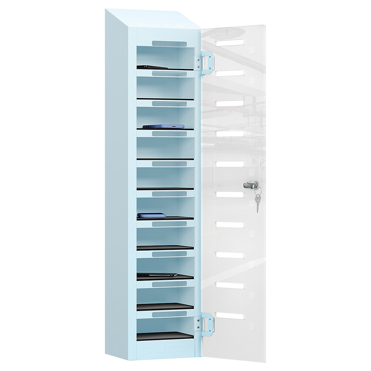 Pure PhoneSafe+ Mobile Phone Lockers, Pure PhoneSafe+ Mobile Phone Lockers, Pure PhoneSafe+ Mobile Phone Lockers | Single Door - Ten Compartment | Storage Only | 1060h x 250w x 190d mm | Cam Lock | Ribbon Blue-6